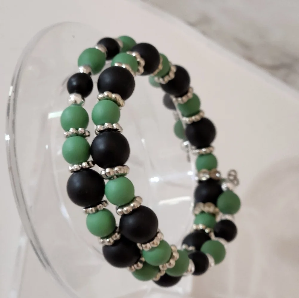 Hand Crafted Black and Green Beaded Jewelry Set Wrapped Bracelet Hoop Earrings